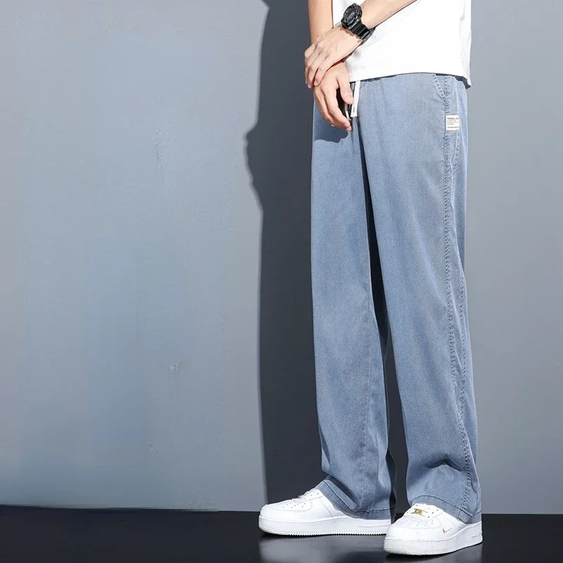 Summer Soft Lyocell Fabric Men's Jeans Thin Loose Straight Pants Drawstring Elastic Waist Korea Casual Trousers Plus Size denim pants denim trousers lyocell jeans