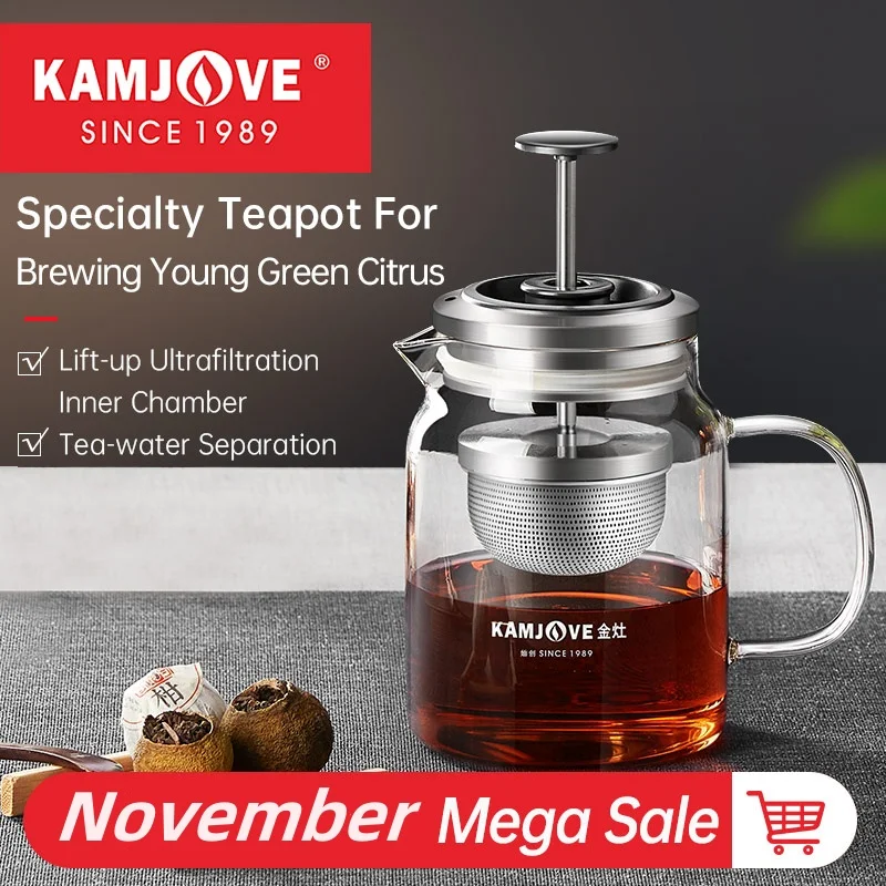 KAMJOVE French Presses Tea Pot for Young Green Citrus Pu'er Tea Art Pot Black Heat-Resistant Glass Pot French Pans Teapot tea maker