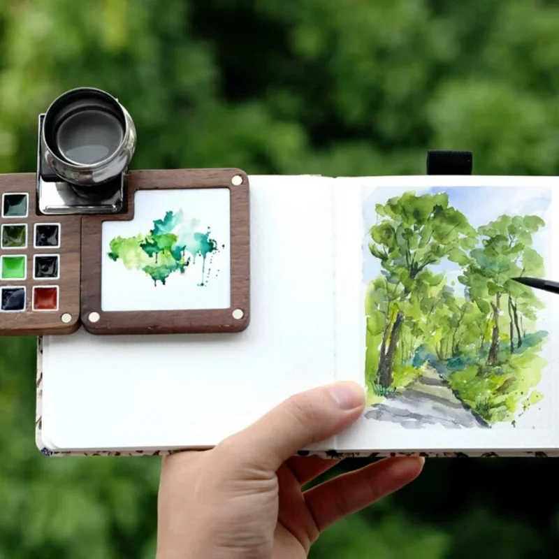 Walnut Empty Watercolor Paint Box Storage Mini Portable Wooden Professional Paint Palette Tray Art Painting Supplies