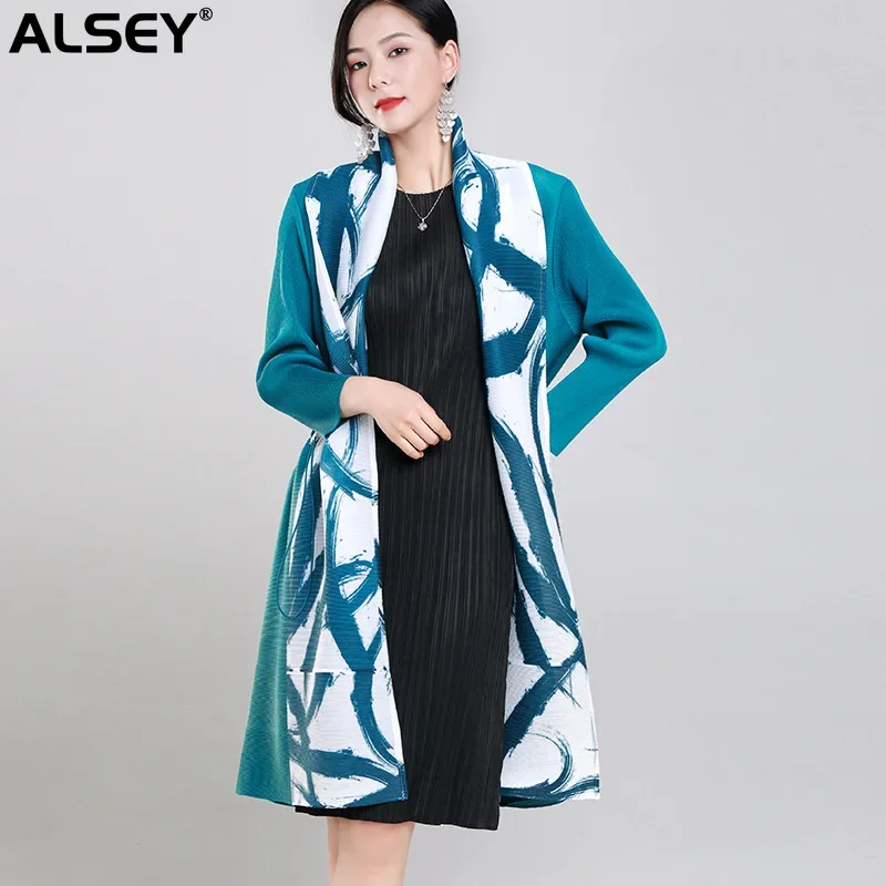 

ALSEY Miyake Pleated Women's Scarf Collar Drawstring Trench Coat Spring Autumn New Loose Snapback Mid-Length Cardigan Jacket