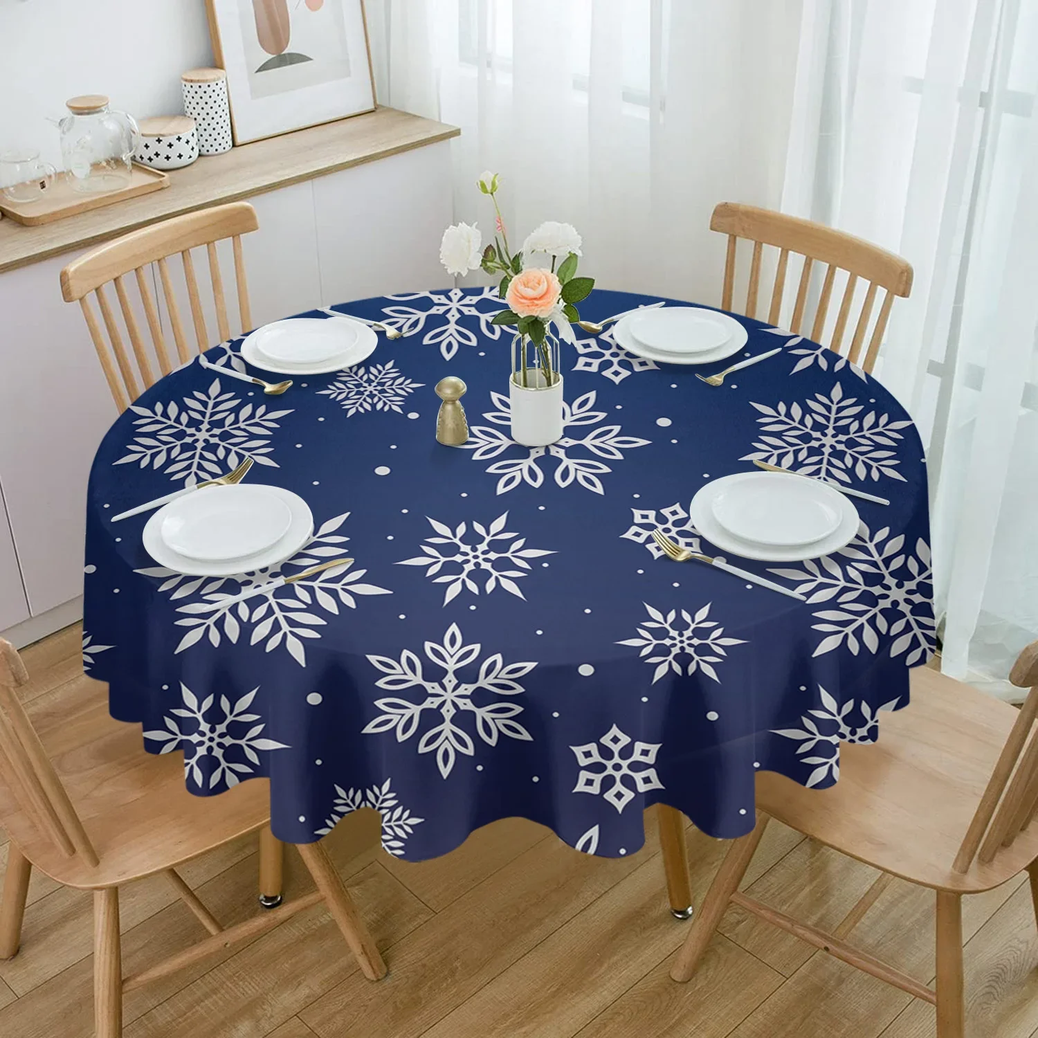 

Christmas Snowflake Texture Blue Round Tablecloth Waterproof Wedding Decor Table Cover Christmas Party Decorative Tablecloth