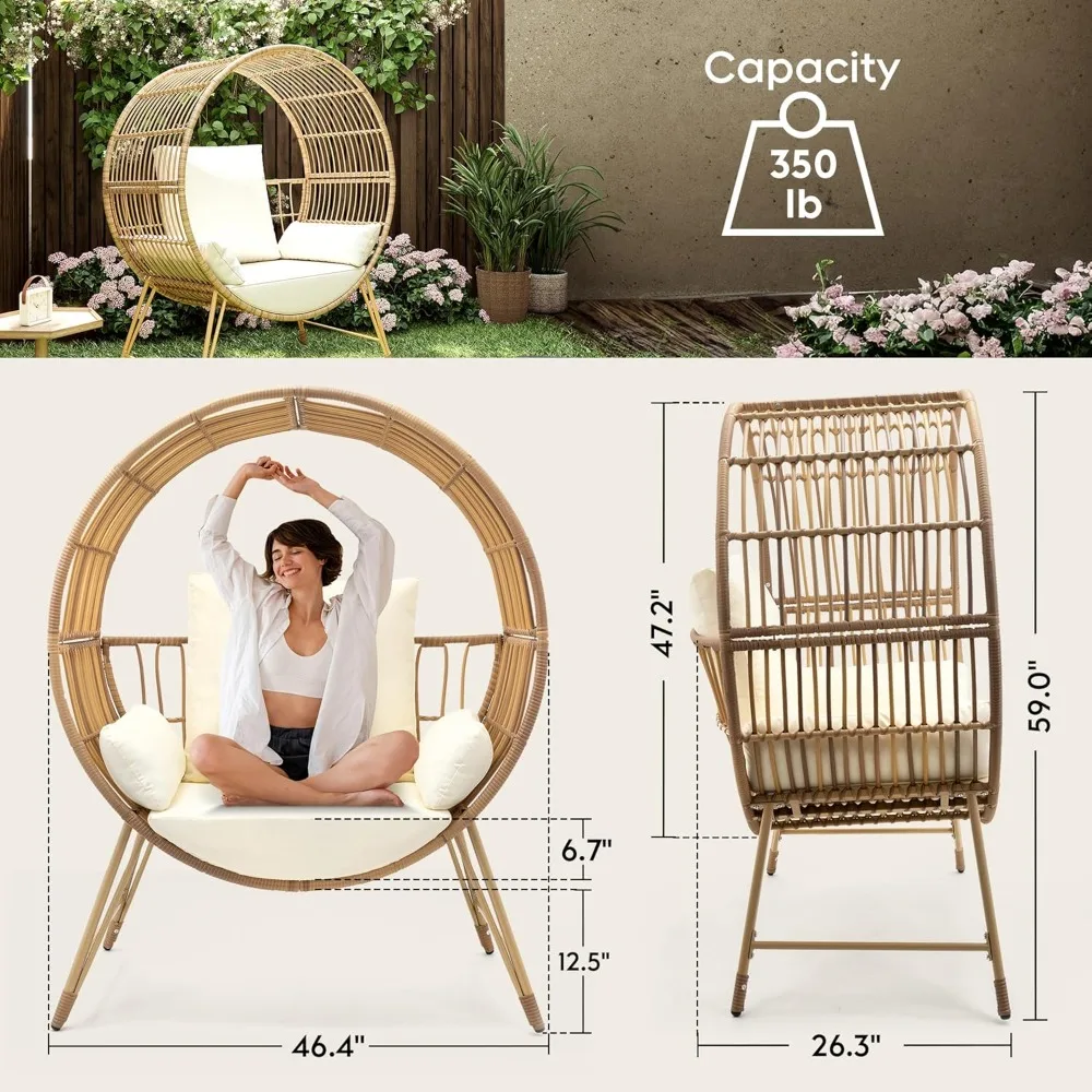Outdoor Egg Chair, Oversized Wicker Patio Chairs with 6.69'' Cushions,350LBS Capacity, Indoor Round Rattan Nest Chair with Stand 2