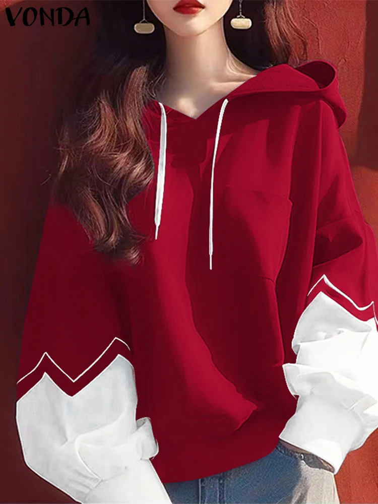 VONDA Women 2025 Hoodies Pullovers Casual Long Sleeve Autumn Sweateshirts Oversized Lantern Sleeve Patchwork Tops Femininas 2