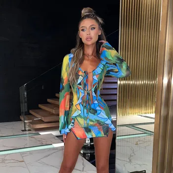 hirigin Women Ruffle Mini Dress Sexy Deep V Neck Cutout Mesh See Through Bodycon Short Dress Tie Dye Summer Beach Sundress 1