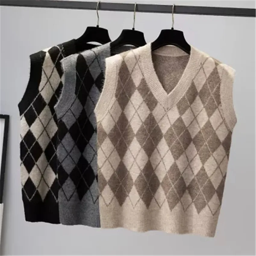 

Argyle Sweater Vests Women Retro New Autumn Winter Knitted Sweater Vest Streetwear Jk Preppy Style Waistcoat Outwear