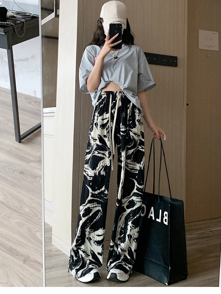 

Women Summer Pants Temperament Printed Pleated Thin Loose and Slim Casual Pants with A Drooping High Waist and Wide Legs D3534