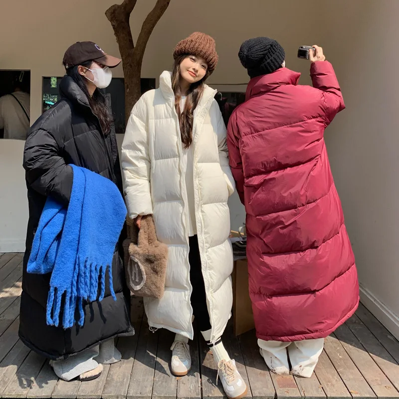 2023 New Oversize Down Cotton Coat Women Long Over Knee Length Thick Loose Bomb Casual Comfortable Overcoat Solid Color White