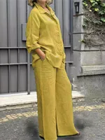 Ensemble 2 pièces en coton et lin pour femmes, chemise à manches longues, jambe large, mode féminine, bureau, printemps, automne 4