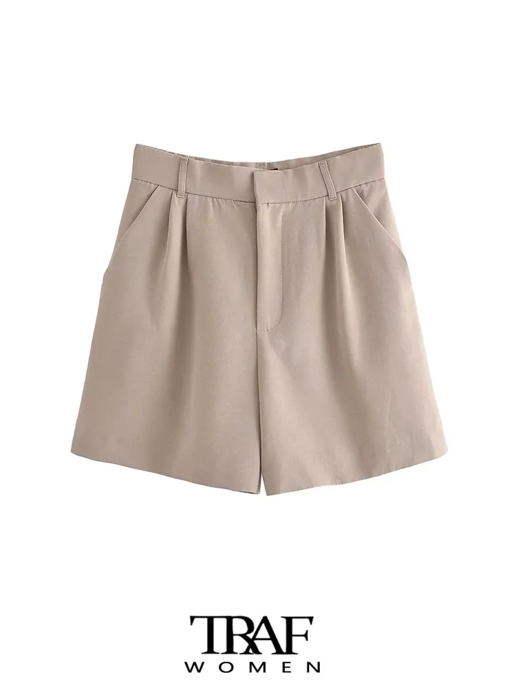 

TRAF Women Fashion Side Pockets Linen Bermuda Shorts Vintage High Waist Zipper Fly Female Short Pants Mujer