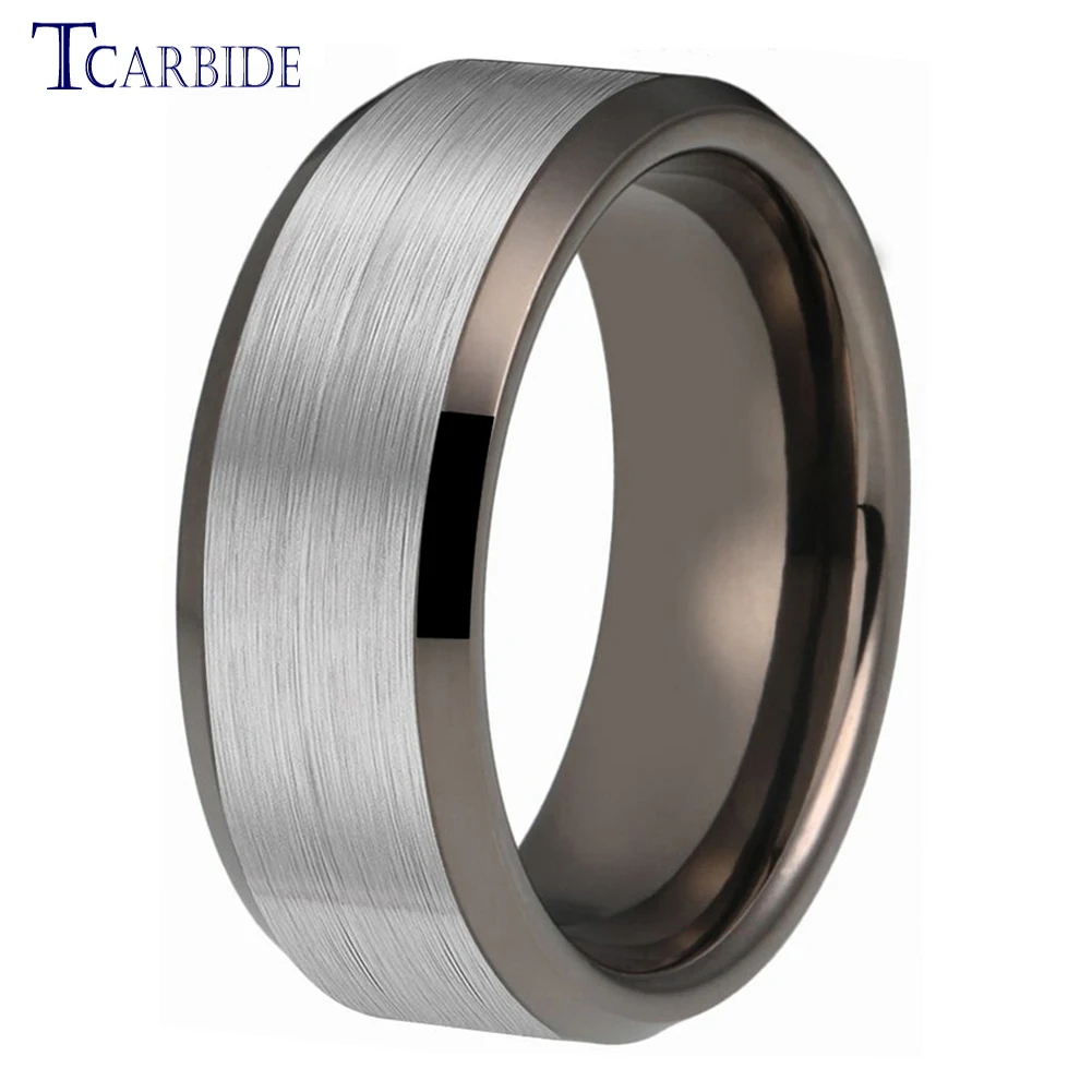 NUNCAD Anillos De Tungsteno De 0.315 Pulgadas Para Hombres Y Mujeres, Anillos Negros Centrales, Anillo De Boda, Acabado Cepillado, Bordes Biselados, Ajuste Cómodo, Tamaño 5-14, Metal, Plata, Tungsteno