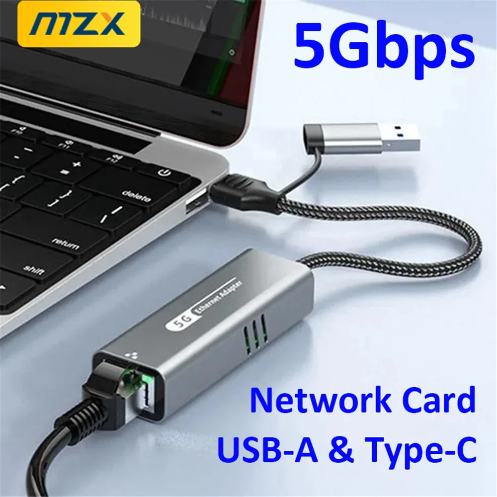 MZX 5Gbps USB 3.0 네트워크 어댑터 카드 타입 C A to RJ45 5000M 유선 네트워킹 이더넷 랜 컨버터 허브 (컴퓨터, 노트북, PC용)