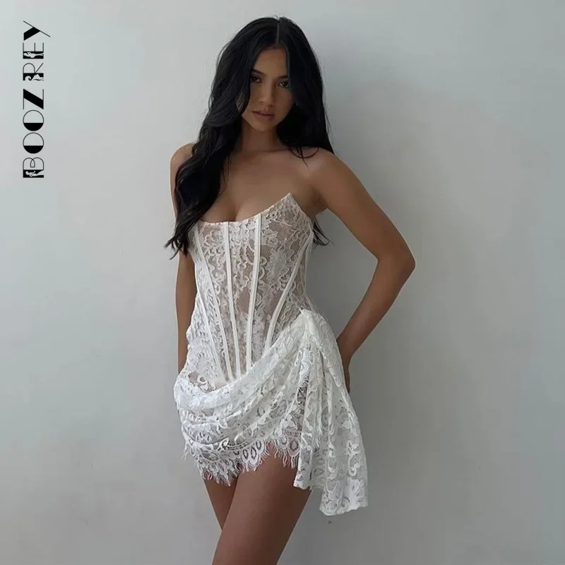 

BoozRey 2023 Sexy Lace Fishbone Strapless Mini Dress for Women See Through Backless Outfits Party Club Streetwear Elegant Dress