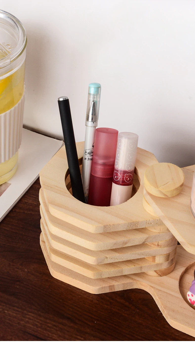 Description Picture 6 of itemWooden Pen Holder, Creative Desktop Pencil Holder Makeup Brush Organizer 360° Rotating Cosmetic Storage Rack Stationery Box