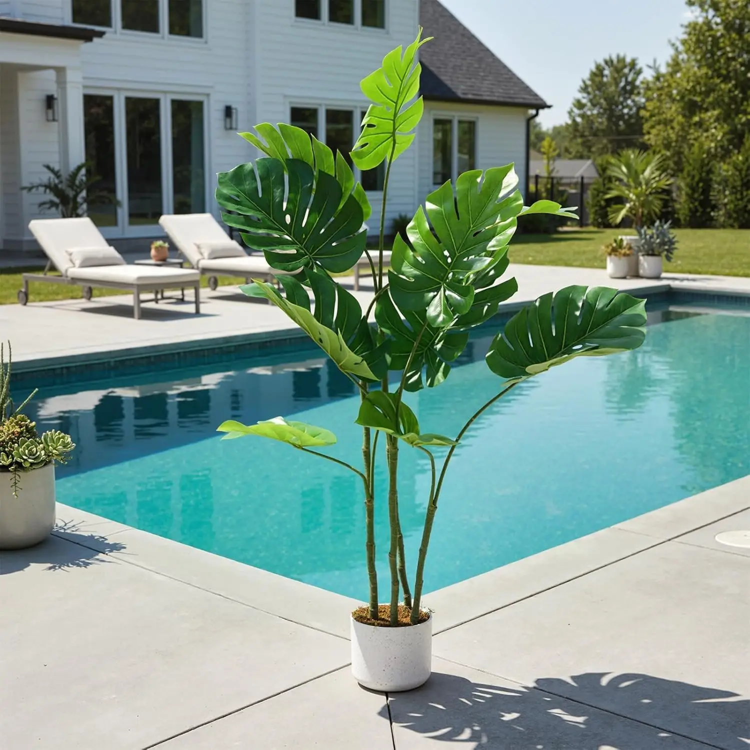 Künstliche Monstera-Pflanze, künstlicher immergrüner Bodenbaum, künstliche tropische Pflanzen im Topf für Wohnzimmer, Büro, Veranda, 110 cm, 120 cm, Grün – Detail 8