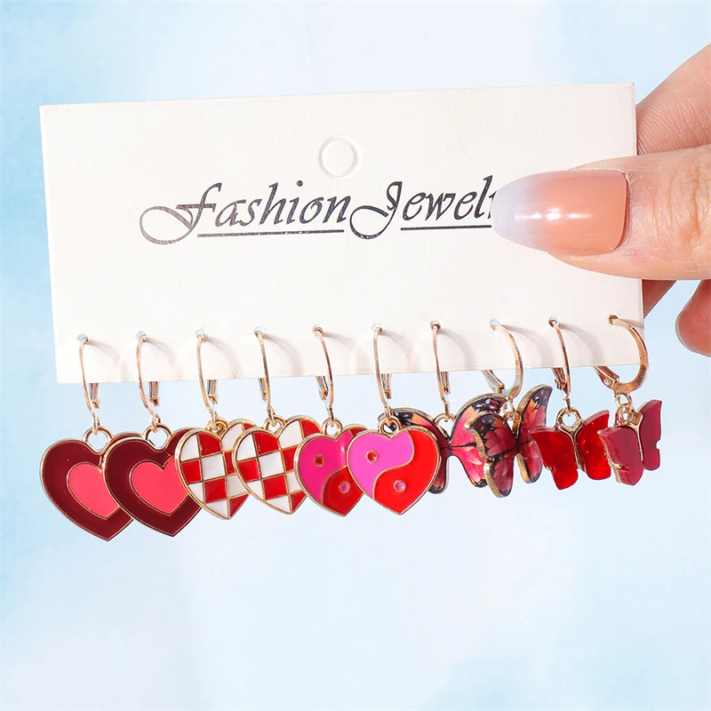 5 Paare/satz Mode Bunte Liebe Herz Tropfen Ohrringe für Frauen Nette Schmetterling Baumeln Haken Ohrringe Mädchen Partei Schmuck Geschenke