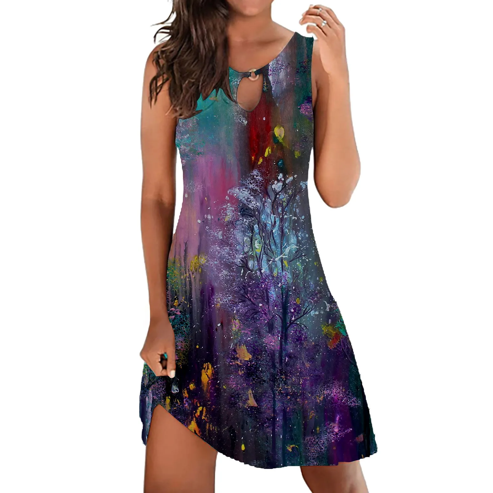 

Женское модное Повседневное платье миди без рукавов с круглым вырезом и принтом