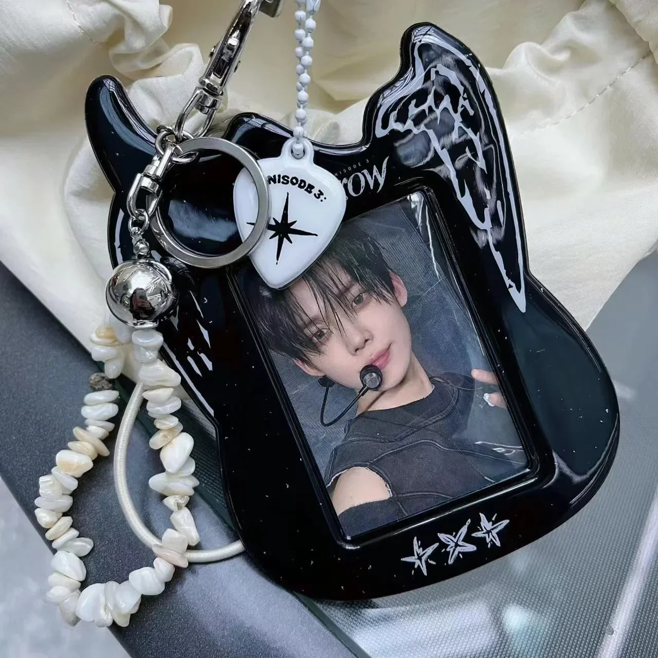 Korean Y2K Black Cool Guitar PVC Card Holder Kpop Idol 3-inch Photocard Hollow Display Pendant Bag Keychian ID Bus Card Case