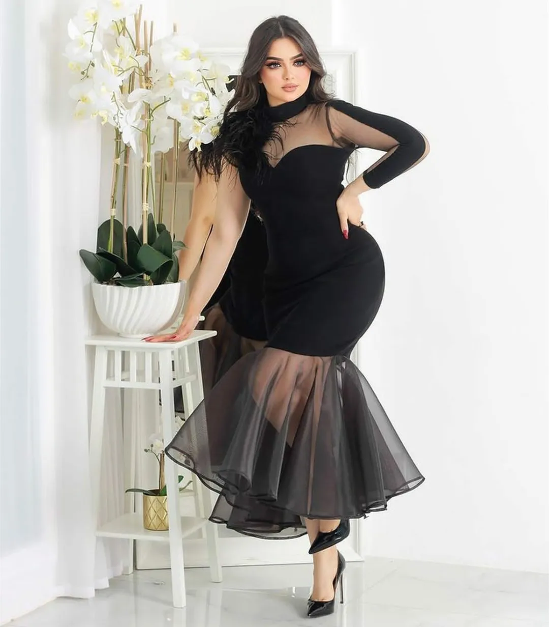 

Long Black Crepe One Shoulder Evening Dress With Ruffles فساتين السهرة Mermaid Ankle Length Prom Dress Robe de soirée for Women