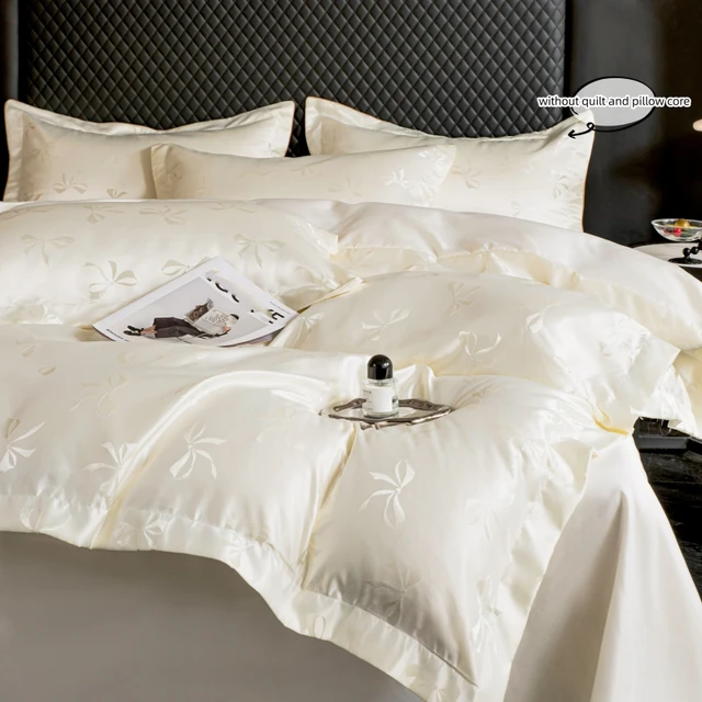 Ensemble de housse de couette couleur crème 3 pièces (1 * housse de couette + 2 * taie d'oreiller, sans noyau), parure de lit jacquard à nœud 5