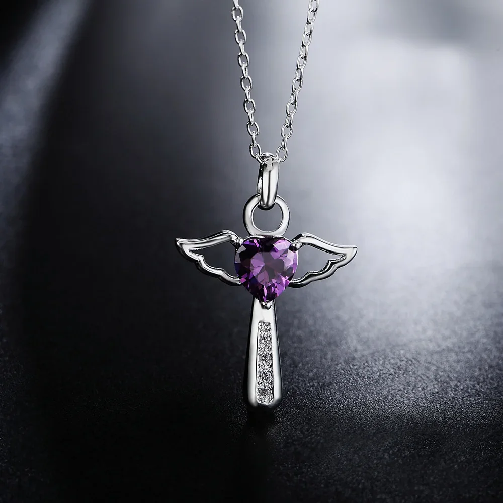 Silver Pendant Necklace 45cm 925 Sterling Silver angel fine crystal cross pendants Necklace For Women