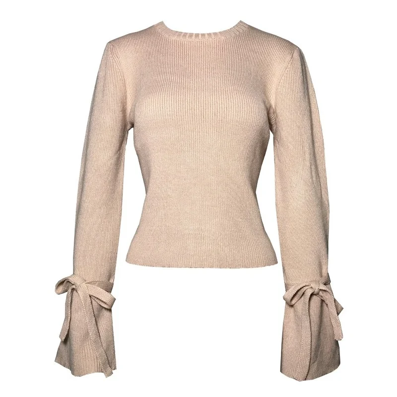 

Round Neck Solid Color Slim-fit Trumpet Sleeve Strap New Casual Khaki Crop Top Retro Women's Autumn Knit Long-sleeved Sweater