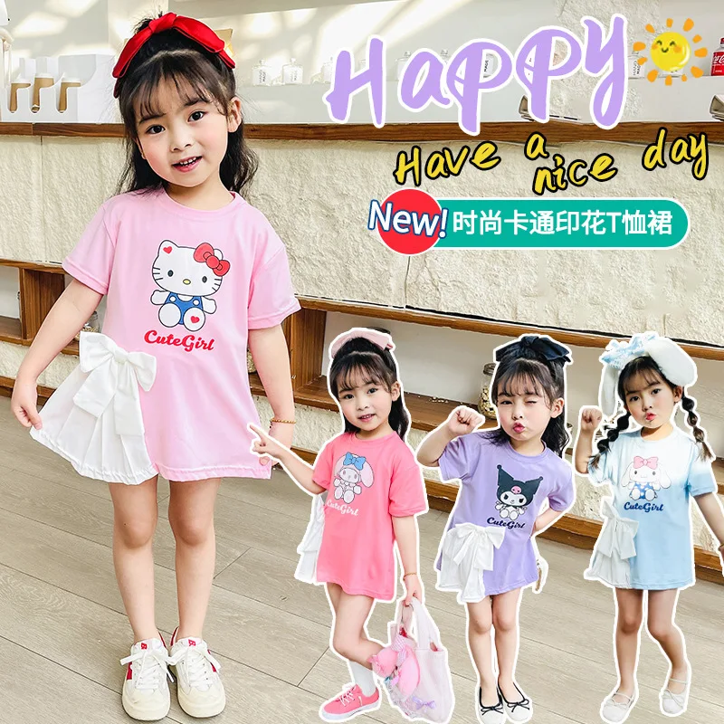 

Toddler Girls Short Sleeve T-shirt Cute Sanrio Hello Kitty Kuromi Melody Casual Princess Dress For Party Kids Summer Clothes