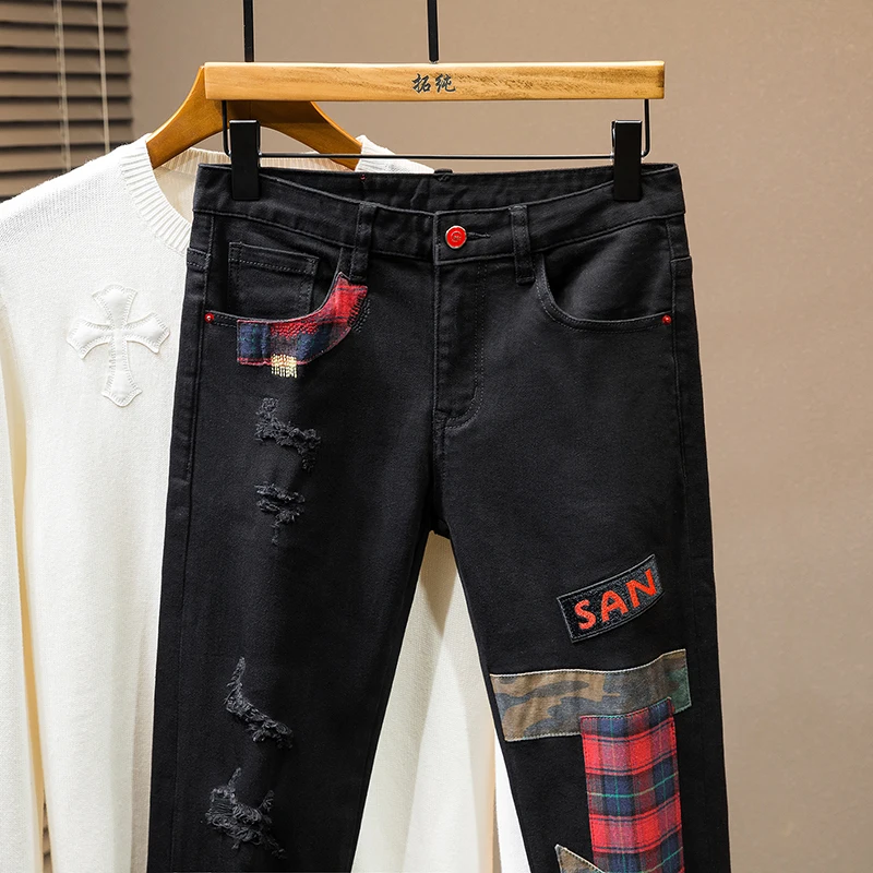 Tide light luxury new MEN'S jeans splicing patch slim straight heavy embroidery plump handsome personality elastic casual denim