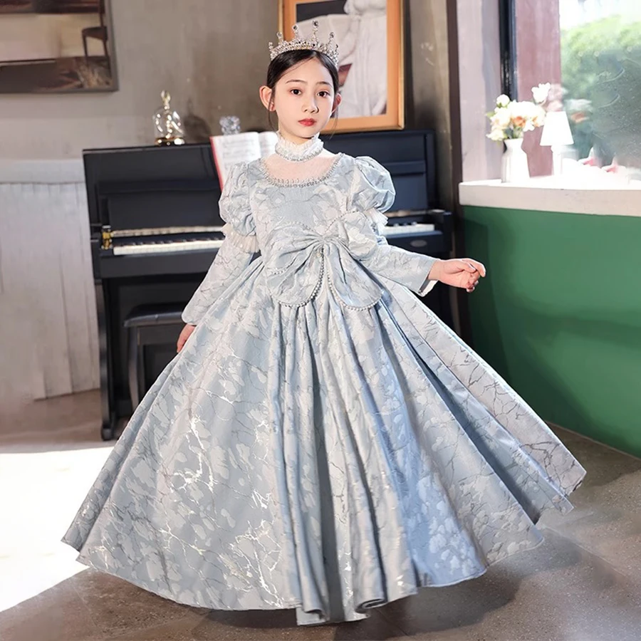 

Girls Puff Long Sleeve Rhinestone Prom And Evening Party Jacquard Dress 3 To 14 Years Teen Front Bow Occasion And Gala Ball Gown