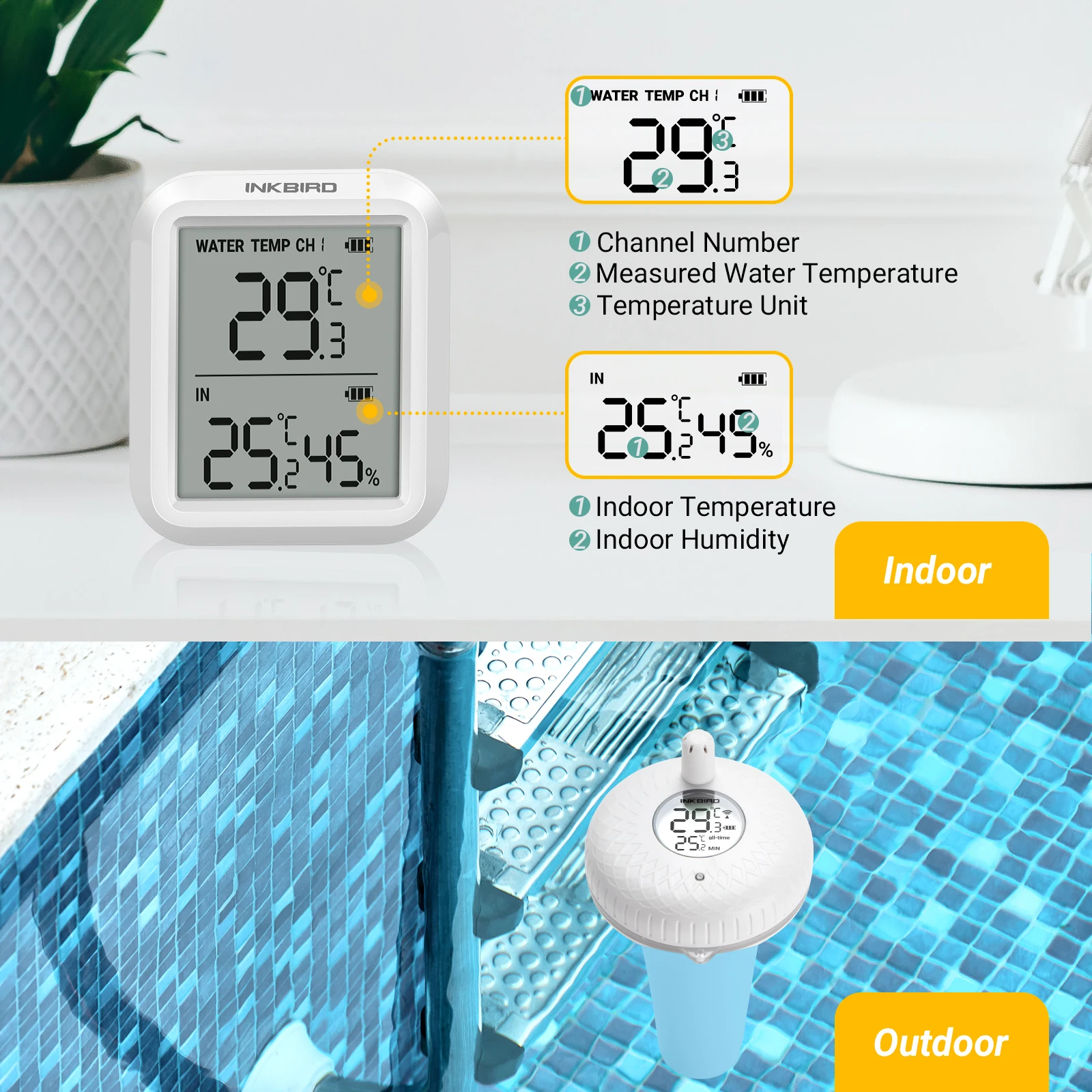 INKBIRD Smart Swimming Pool Thermometer Hot Tub Spa Water Digital Display  Temperature Humidity Logger IBS-P01R/P01B/WIFI Gateway