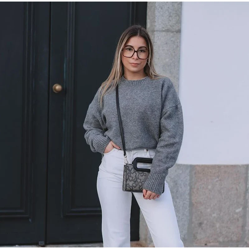 Casual Knitted O-neck Sweaters Women Retro Loose Solid Pullover Sweater Female Autumn Chic Elegant Street All-matching Tops