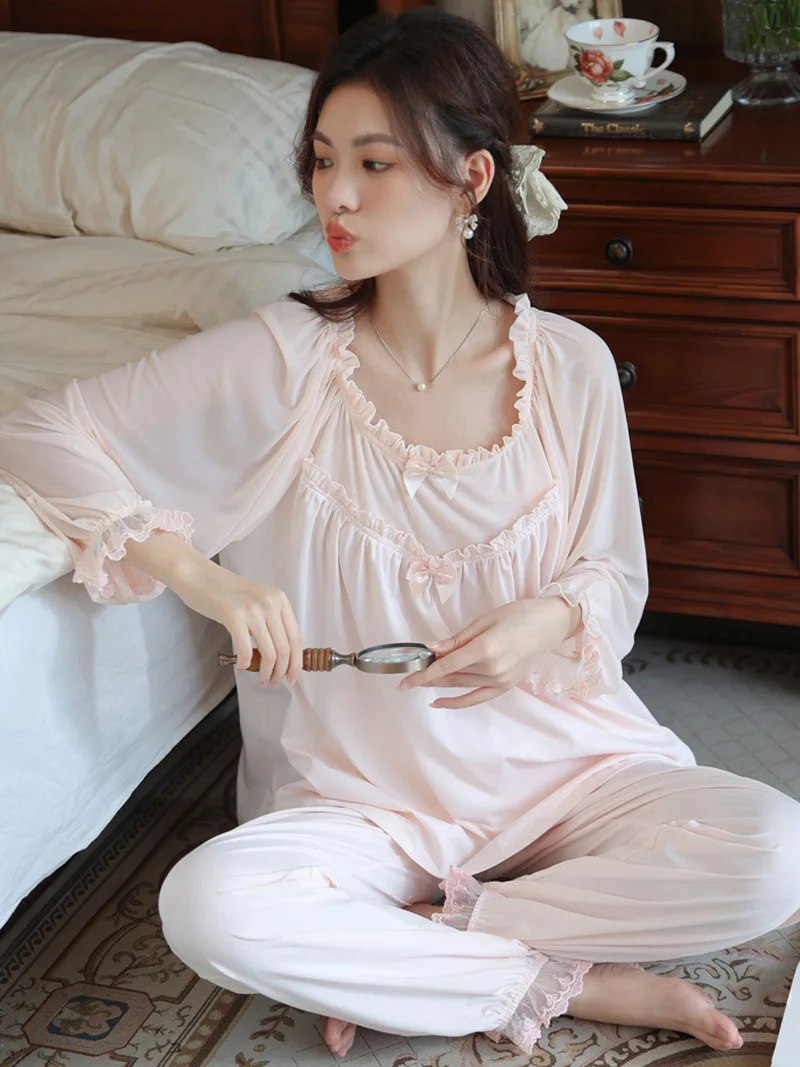 

Women Ruffles Autumn Long Sleeve Princess Pajamas Two-piece Sleepwear Cotton Vintage French Loose Home Suit Spring Loungewear