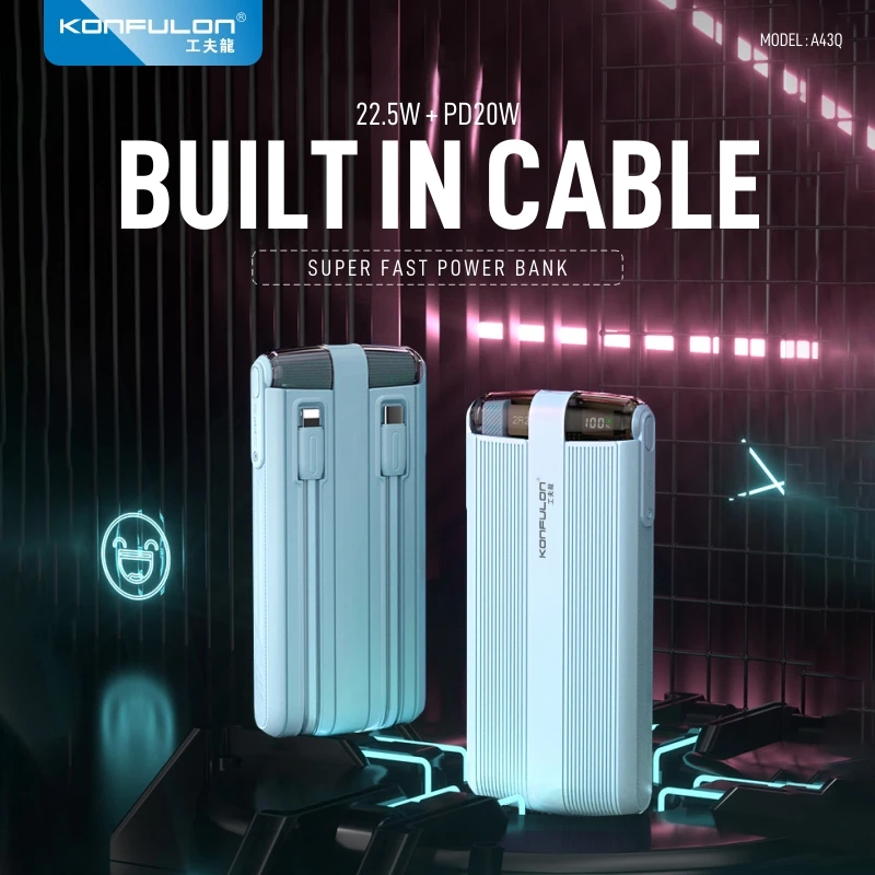 Konfulon 10000Mah Built In Dual Cable Power Bank Pd20W Batteria Ausiliaria Power Bank A Ricarica Rapida Per Huawei, Xiaomi, Iphone