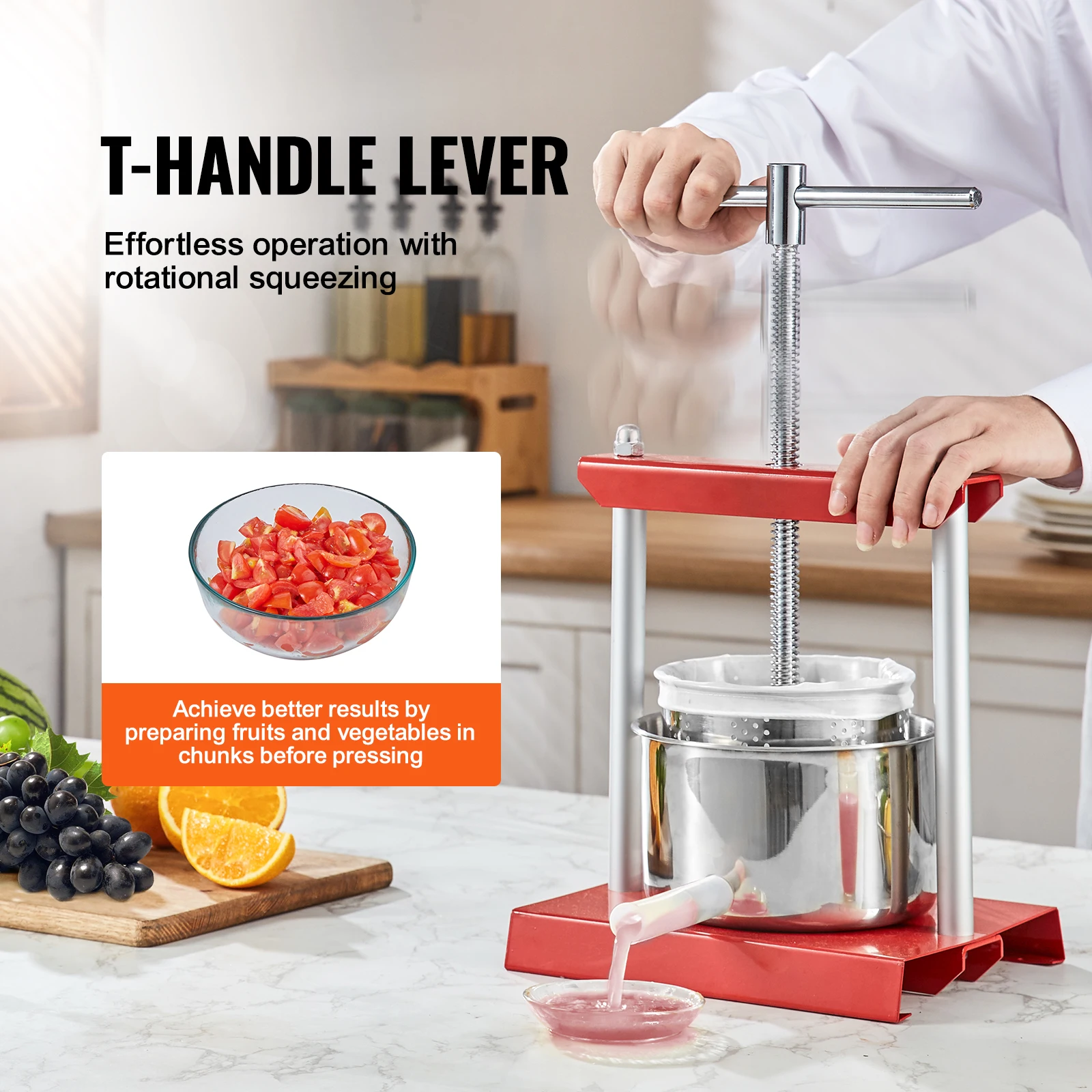 VEVOR Fruit Wine Press 2/3/6L, 2 Stainless Steel Barrels, Manual Juice Maker with T-Handle for Outdoor, Kitchen, and Home 3