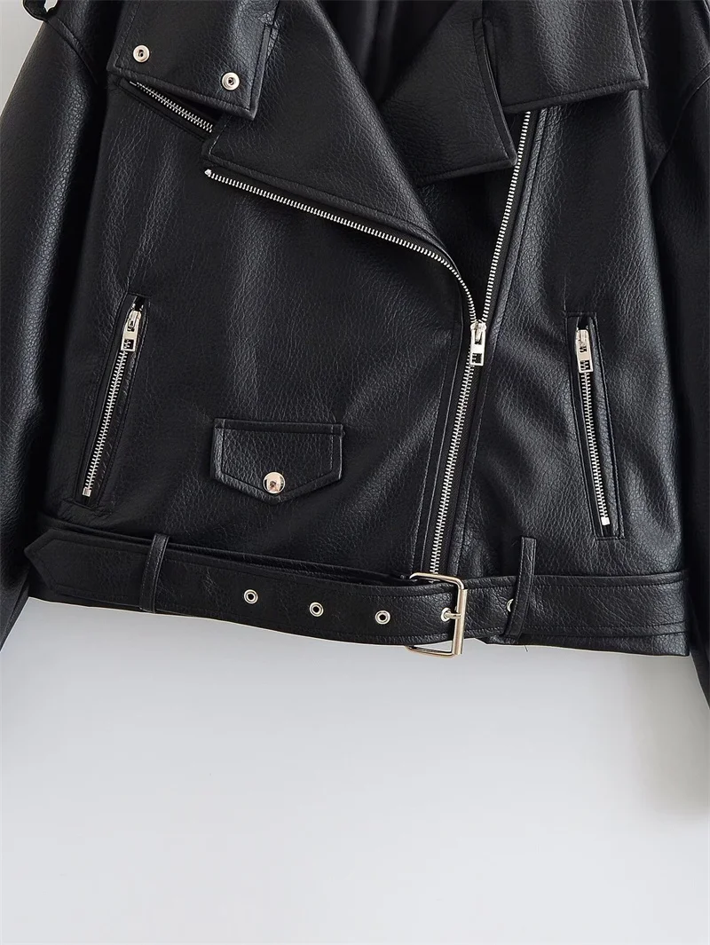 Guobioziy 2026 Fall New Arrival Women's Jacket Black Long-Sleeve Faux Leather Zipper Biker Jacket Parka Stylish and Trendy