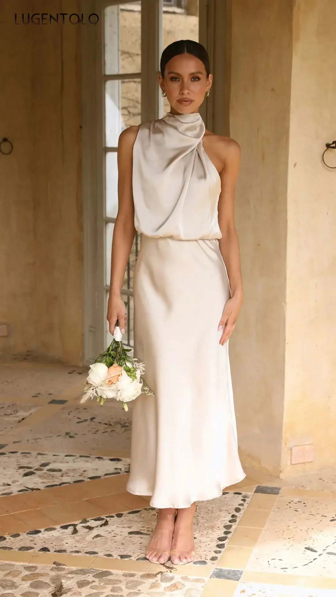 

Slim Elegant Dress Women Spring Summer Temperament Lady Sleeveless Halter Solid Satin High Waist Thin Clothing