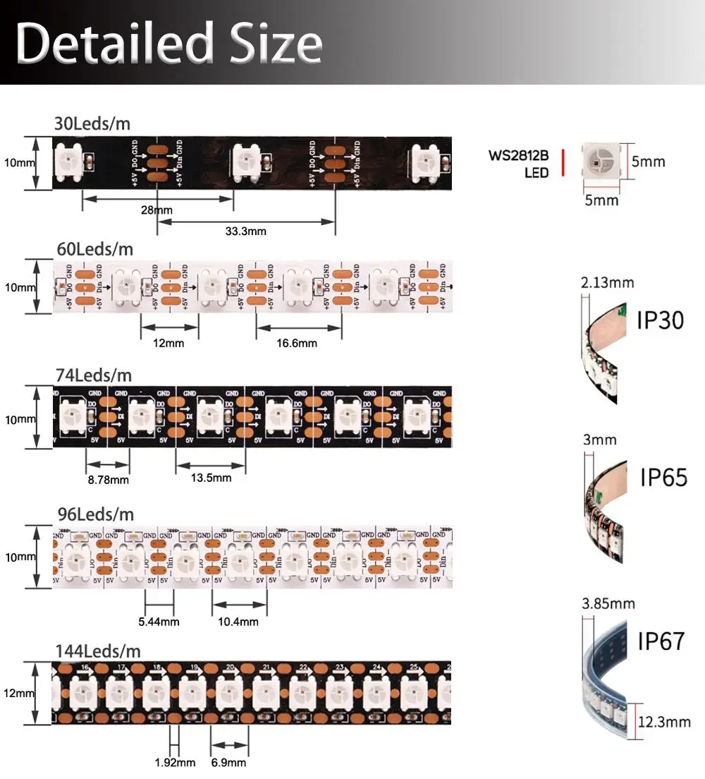 WS2811 WS2812B WS2813 WS2815 5050RGB LED Strip Lights Individually Addressable 30/60/144Pixels/Leds/m Black /White PCB DC5V/12V 2