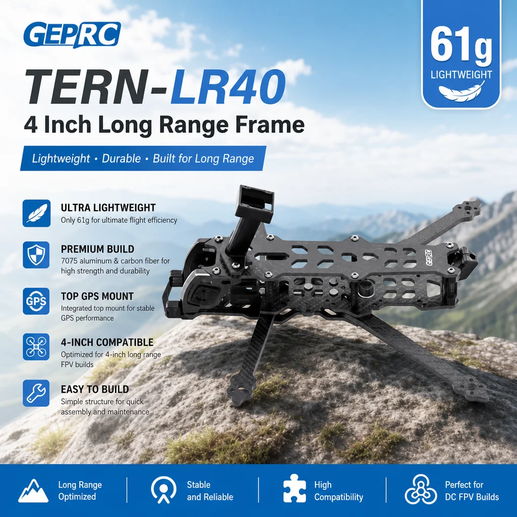 GEPRC Tern-LR40 4-Zoll-Langstreckenrahmen – Leichtes DC FPV Drohnen-Kit (61g, 7075 Aluminium, Top-GPS-Halterung)
