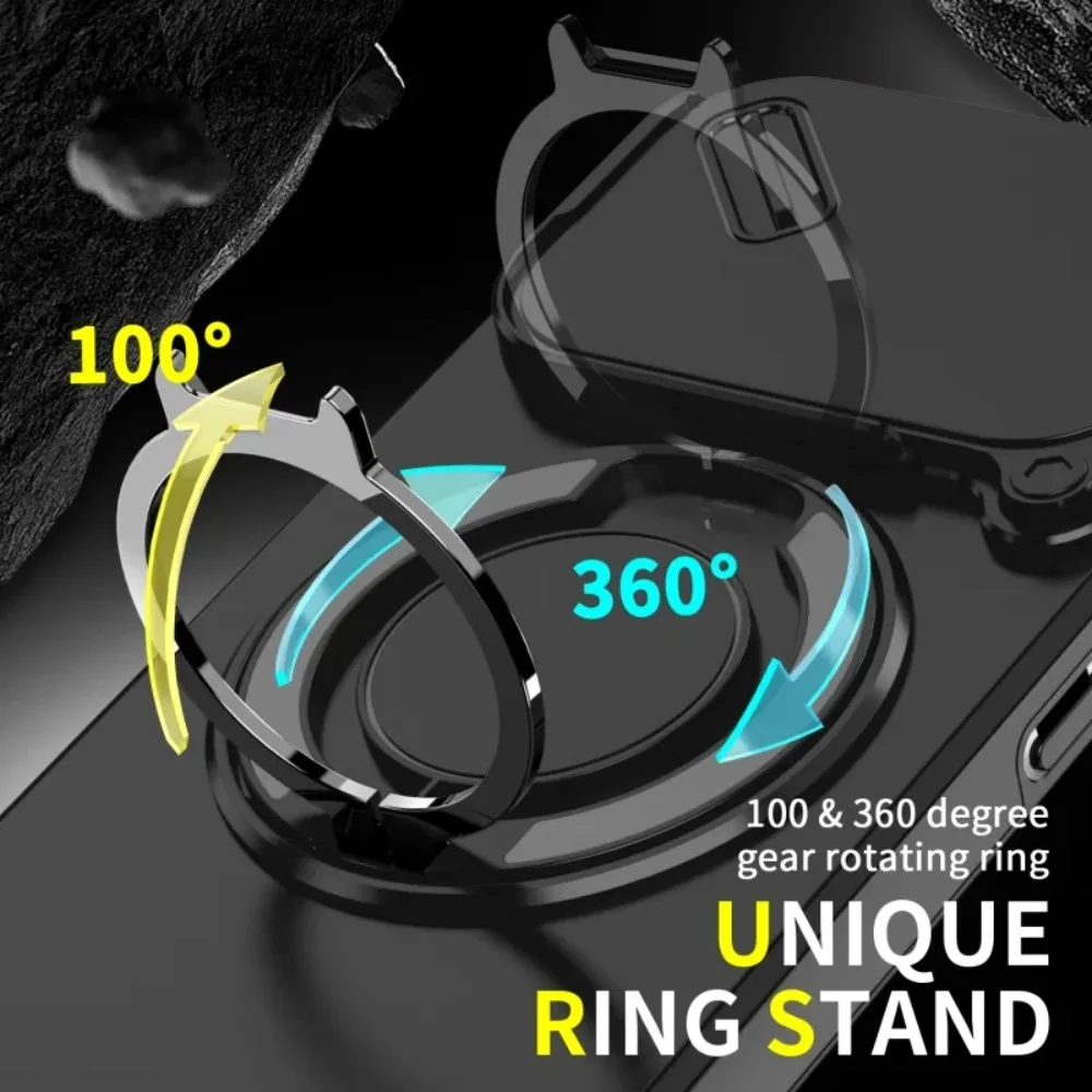 Durable Magnetic Phone Case with 360° Ring Holder and Slide Lens Protector Cover