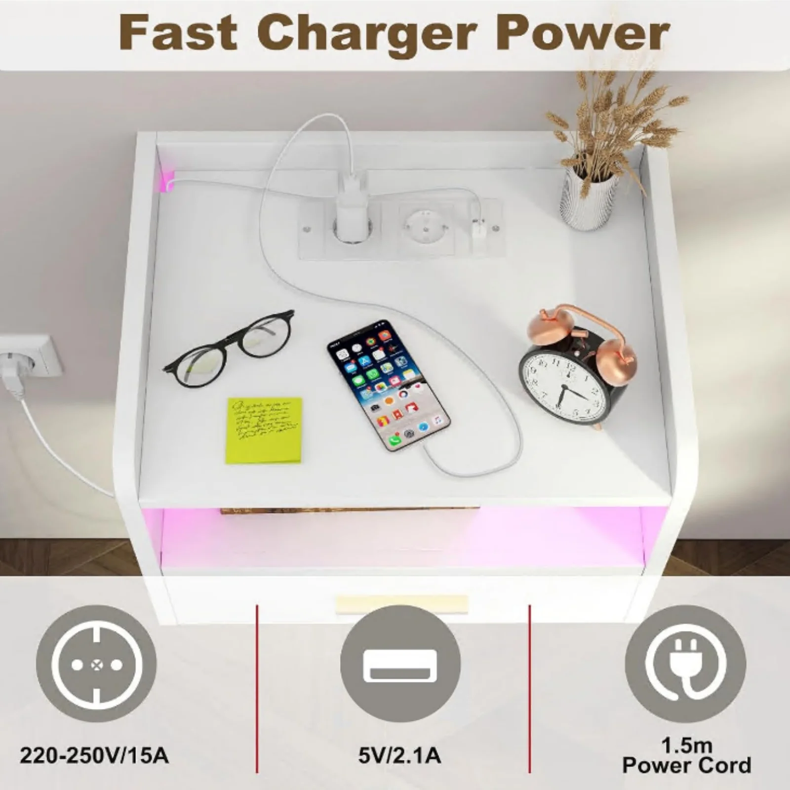 Wall-mounted Bedside Tables, Set of 2, with Open Storage and Drawers, Sockets and Interfaces, Modern, for Living Room, Bedroom