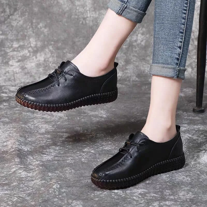 Women Casual Shoes Spring New Vintage Lace Up Soft Soled Non Slip Women Flats Oxford Shoes Soft Leather Woman Single
