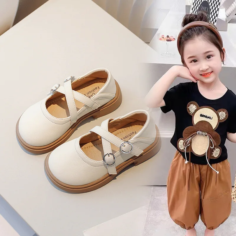 Girls Little Leather Shoes Children Fashion Single shoes 3-12Year Old Kids Princess Shoes Black Beige Khaki Chaussure Fille