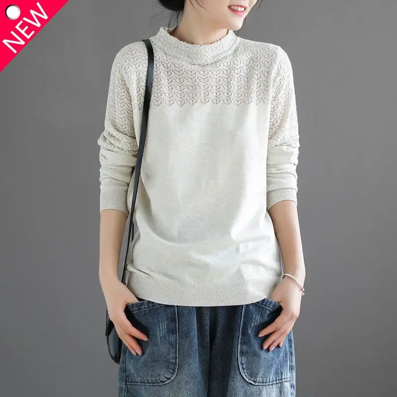 2023 Autumn and Winter New Temperament Women's Clothing Fashion Hollow Out Half High Neck Long Sleeve Solid Commuter Pullover
