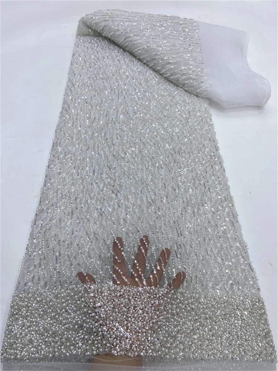 

Latest African Beads Lace Fabric 2024 High Quality Nigerian Sequins Beads Lace Fabric French Laces Fabrics For Party Dress Sew