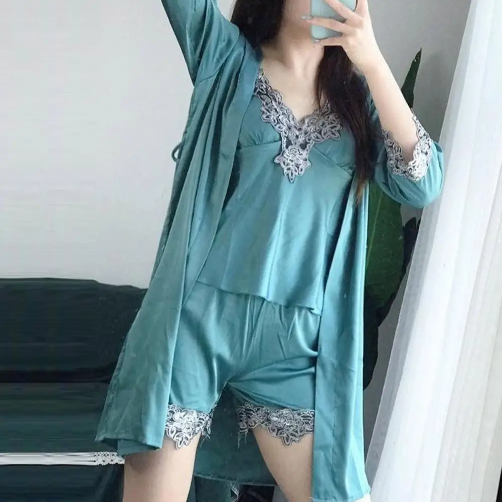 

Women Satin Pajama Set Elegant Silky Satin Lace Patchwork Pajamas Set with Lace-up Waist 5-piece Women's Nightwear Set