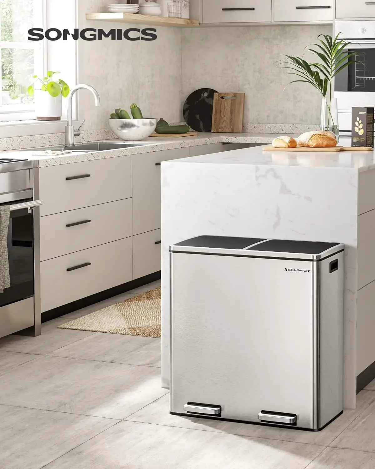 Trash Can, 2 x 8 Gallon (2 x 30 L) Garbage Can for Kitchen, with 15 Trash Bags, 2 Compartments, Plastic Inner Buckets and Hinged 2