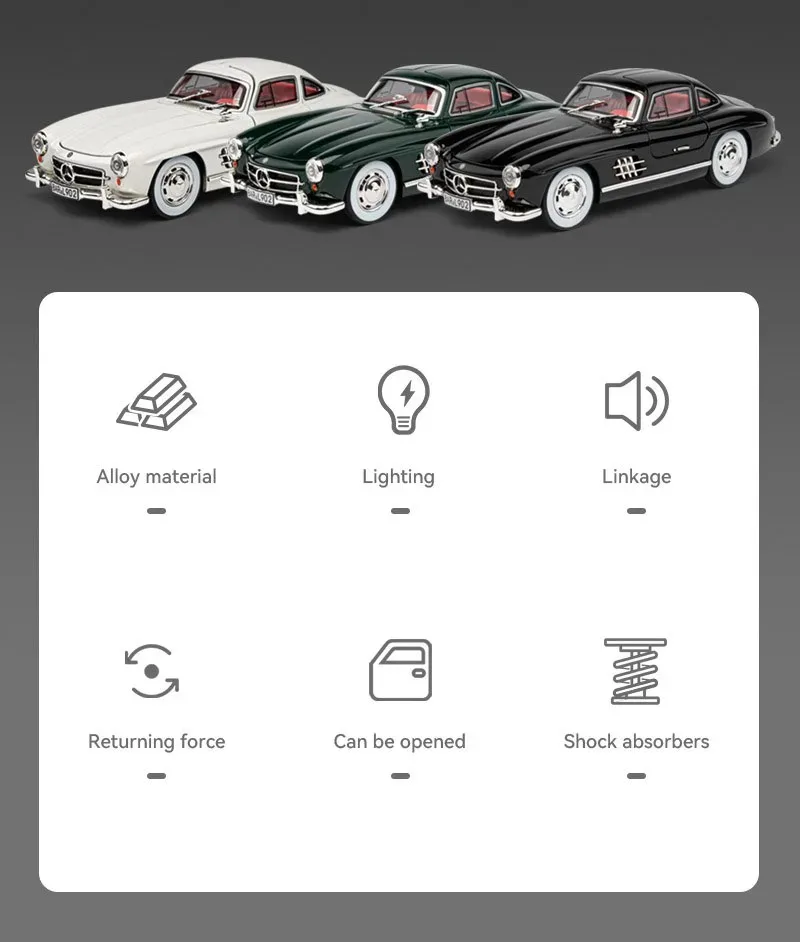 1:24 300SL W140 Legierungsmodell Spielzeug Druckgussauto mit Tonlicht Zurückziehen Türen geöffnet Miniaturmodelle Klassisches Spielzeug Geschenke für Jungen – Detail 2
