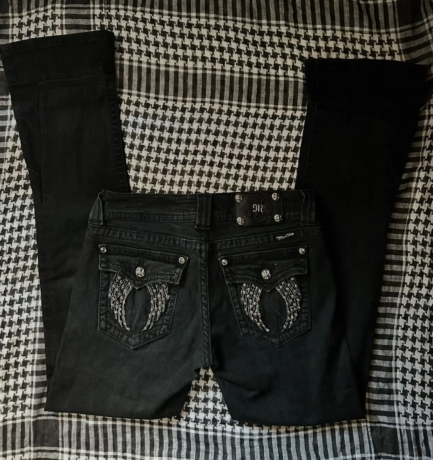 Y2K Black Wash Baggy Angel Wings Flap Jeans Women Harajuku