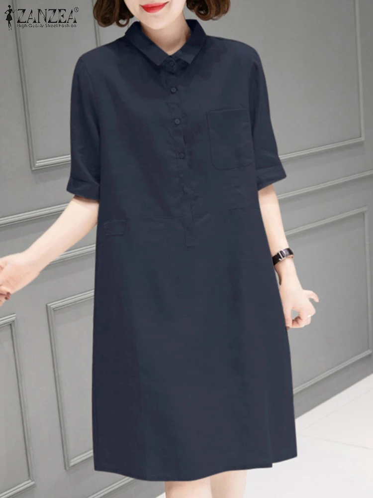 

ZANZEA OL Holiday Sundress Women Short Sleeve Lapel Neck 2024 Summer Shirtdress Casual Elegant Solid Color Knee-length Vestidos