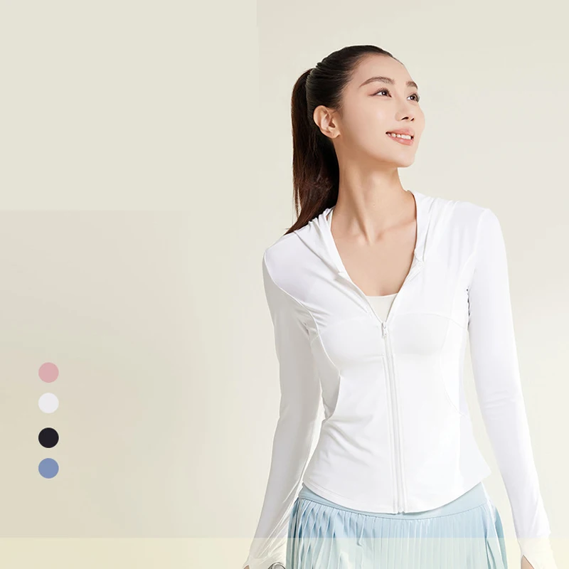 PINGNIAO Yoga Sunscreen Shirt Long sleeved Fitness Running Gym Zipper Hooded Top UV Protection Quick Drying Breathable Jacket
