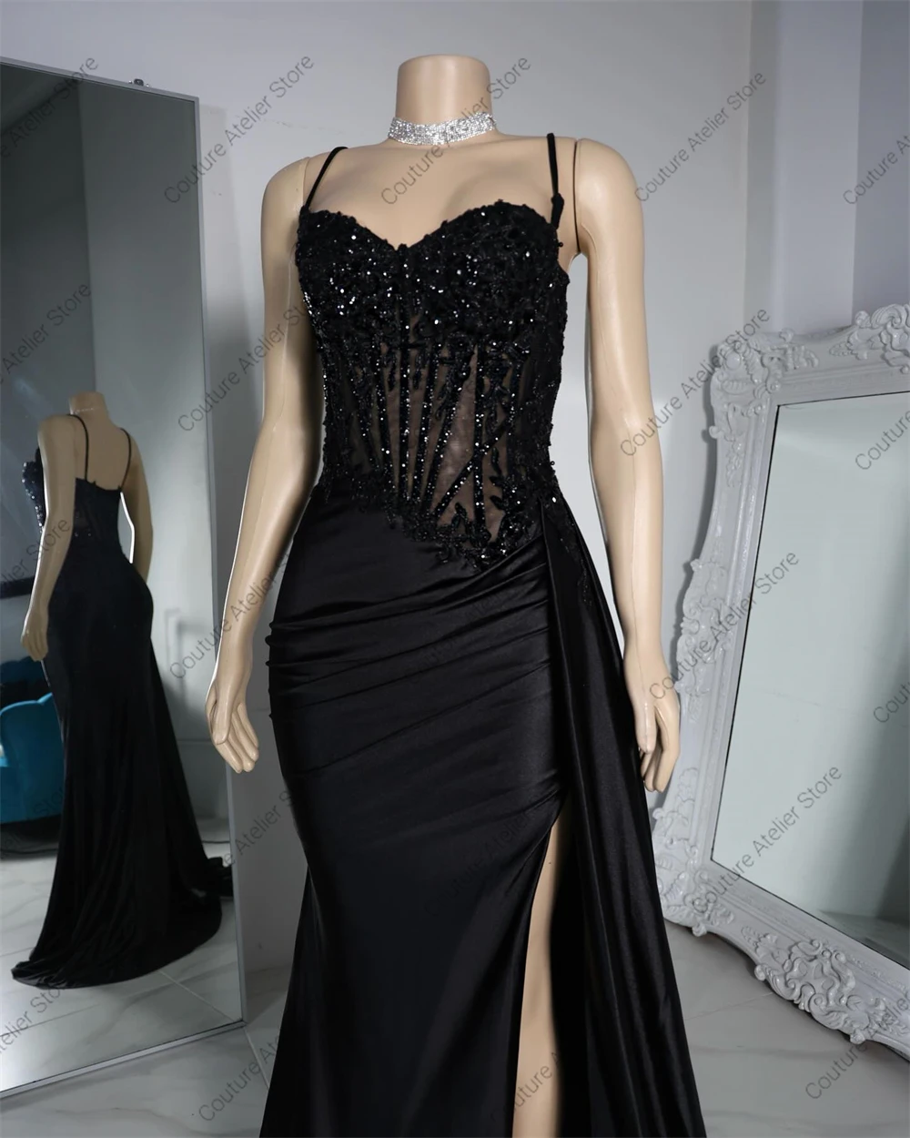 Amazed Black Spaghetti High Split Prom Dresses For Blackgirls Mermaid Elegant Dress Wedding Party Formal Gowns Satin Arabic